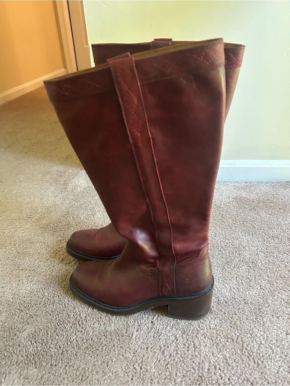 Frye Tall Leather Riding Boots in Burgundy Red